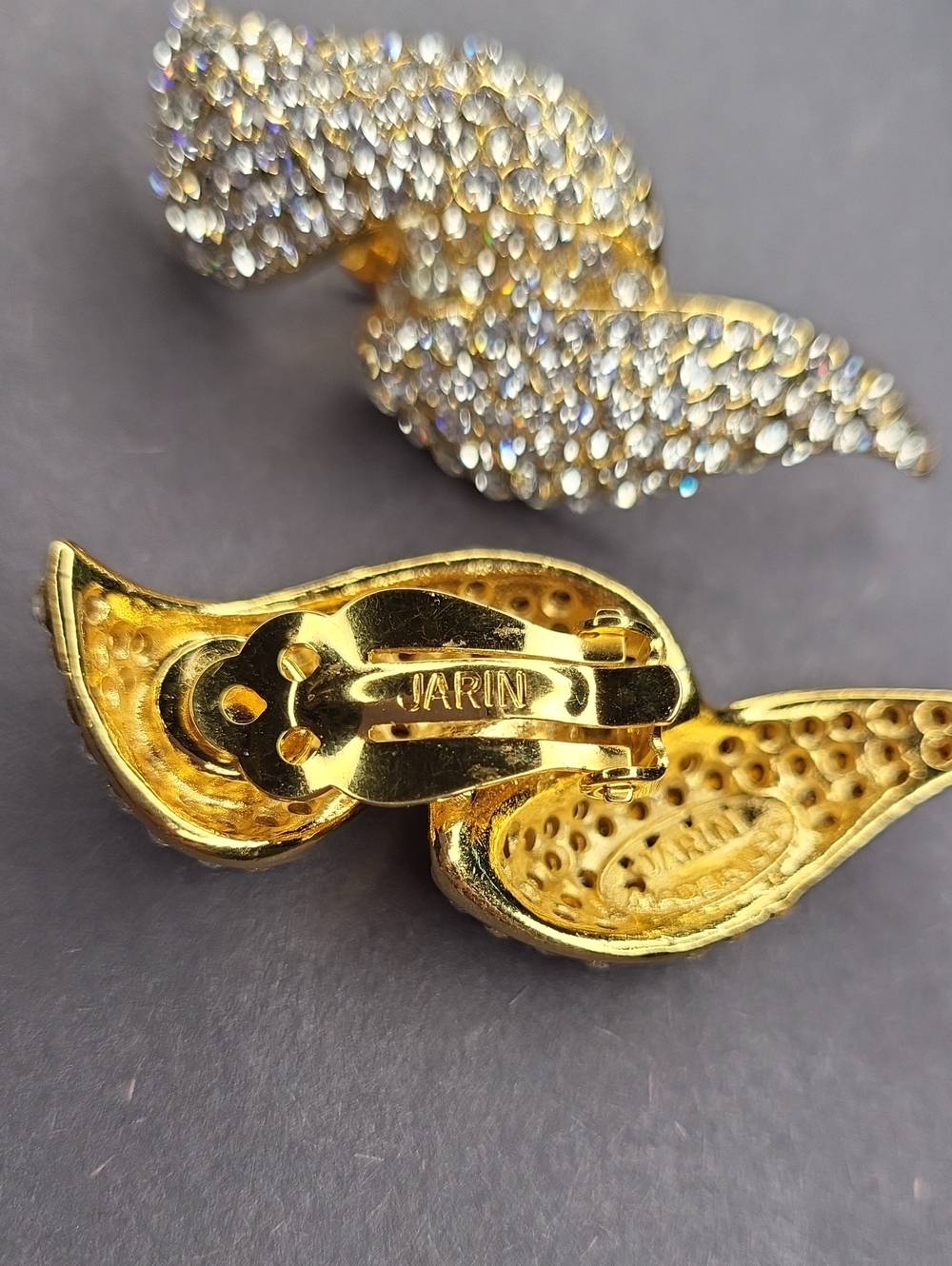 Gold Crystal Leaf Clip-On Earrings by Jarin - Picture 3 of 4